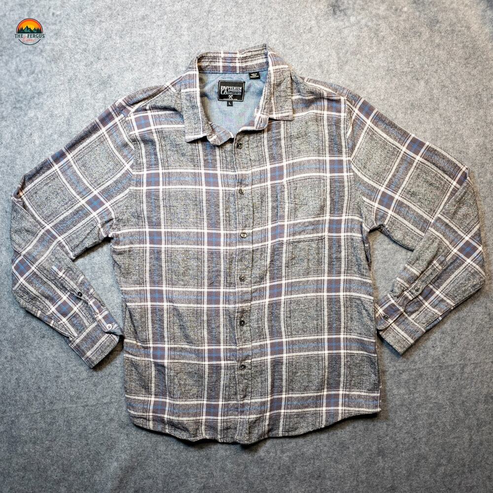 Premium Xpression Button-Up Shirt Gray Tartan Flannel Collared Men's Size Large